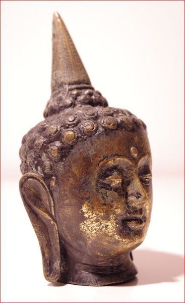 Alter Buddha Bronze Kopf aus Thailand mit Blattgoldresten , 19. Jh