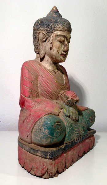 Verkauft / Sold  Indischer Buddha sitzend mit Lotus , 19. Jh., Buddha aus Holz Antik