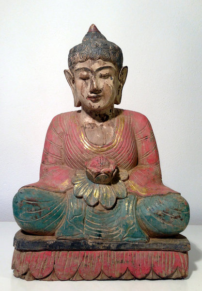 Verkauft / Sold  Indischer Buddha sitzend mit Lotus , 19. Jh., Buddha aus Holz Antik