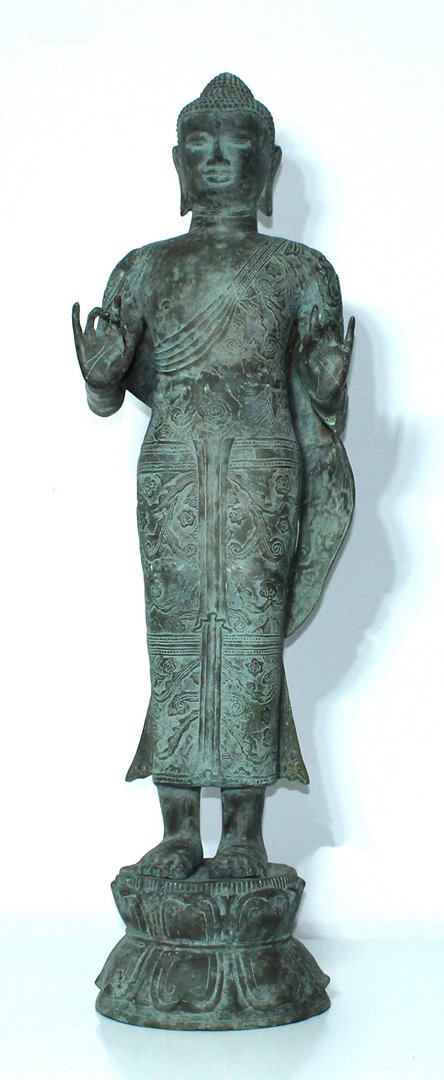 Khmer Buddha Bronze Statue / Alter stehender Burma Khmer Buddha aus Bronze ( 117 cm ) / Mitte 20. Jh