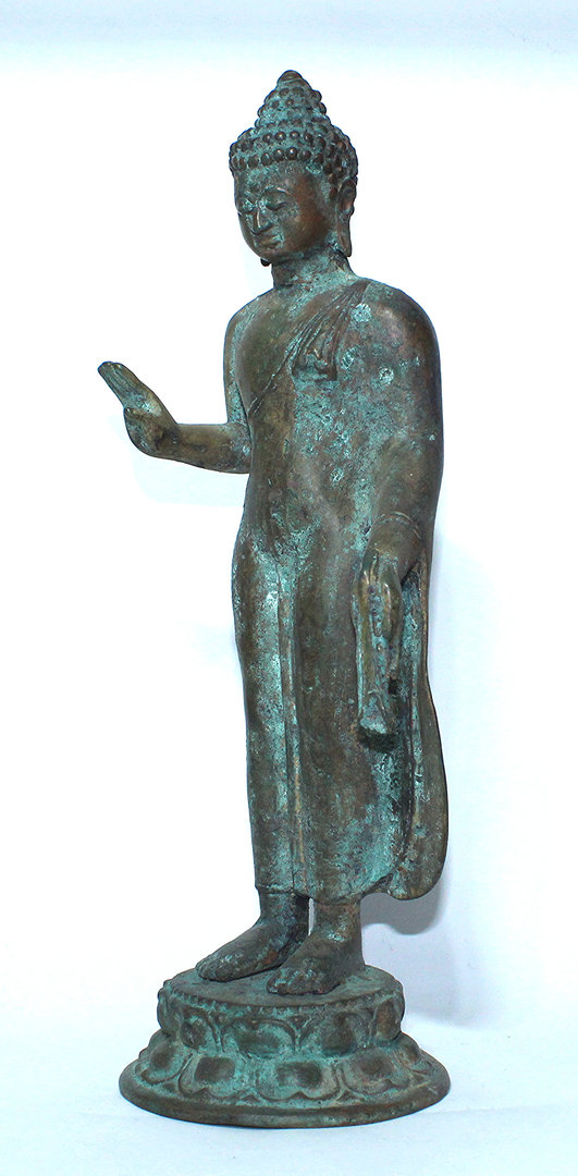 Antike Buddha Figur / Stehende Bronze Buddha Figur im Sukhothai Stil / 17. Jh Thailand